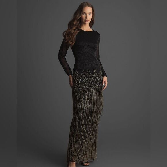 MAC DUGGAL 93584 Long Sleeve Beaded Fringe Evening Gown Dress - Picture 3 of 15